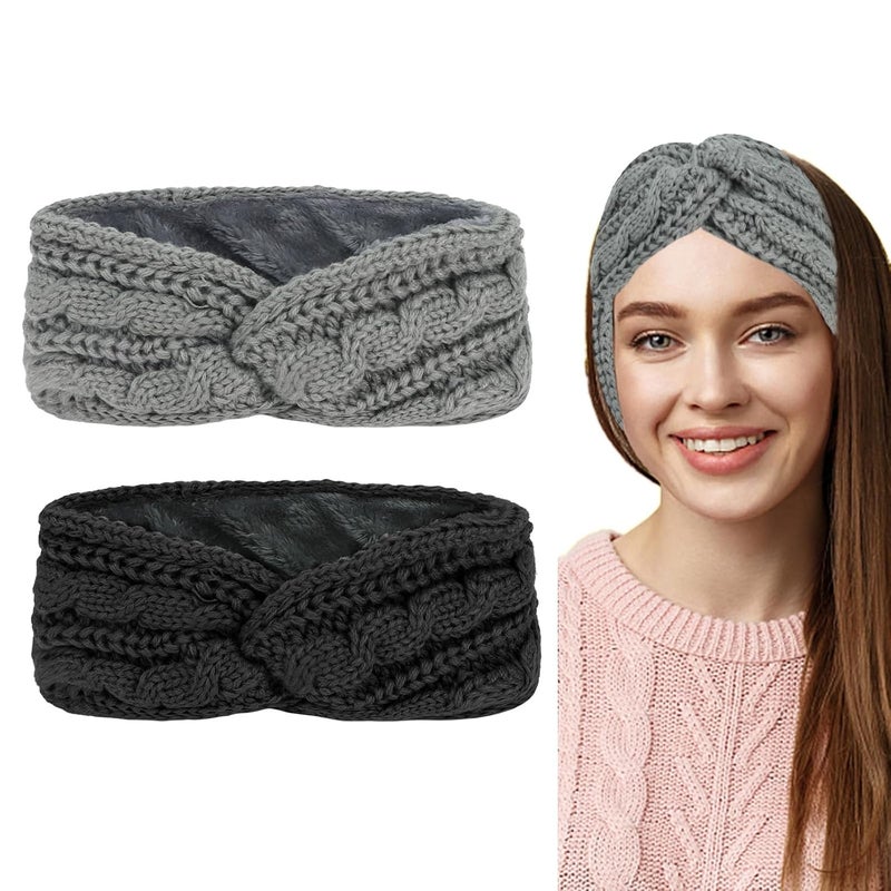 Cavetee Winter Headbands for Women, 2 Pieces Hairband Ear Muffs, Soft Wool Elastic Headband with Lined Plush Fleece, Crochet Ear Protector Bandana for Women Girls - Image 1